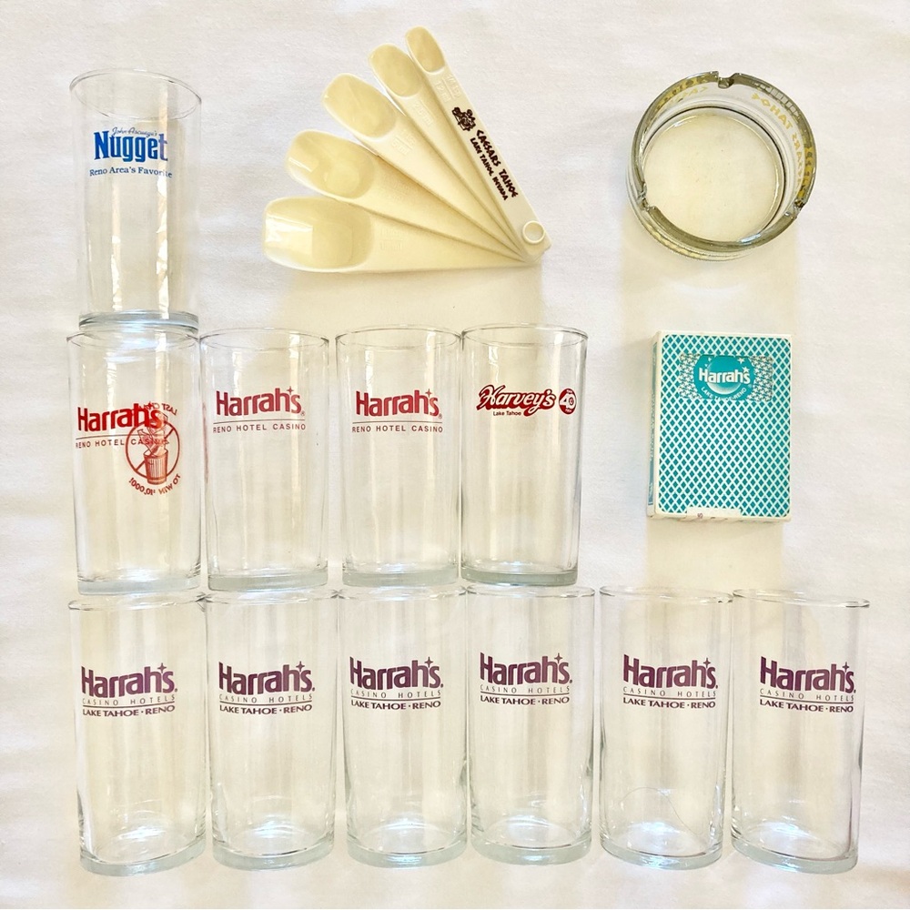 Lot Vtg Casino Harrahs Nugget Harveys Lake Tahoe Reno Glasses Ashtray Cards Etc.